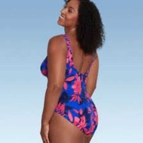 Aqua Green Size M One Piece Cinch Front Swimsuit Royal Blue Pink Tropical Floral - Picture 3 of 10